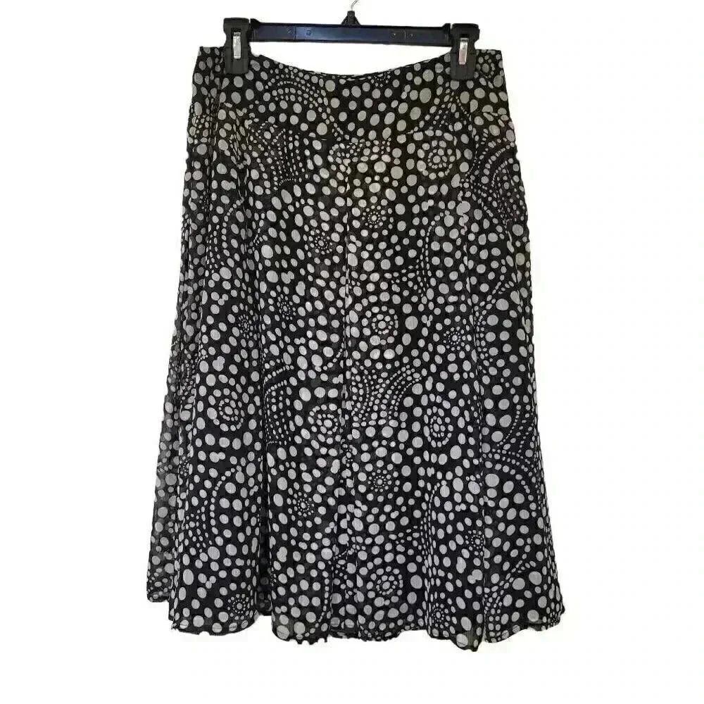 Hillard & Hanson Women's Black & White Poly Dot Print Chiffon Flowy Lined Skirt